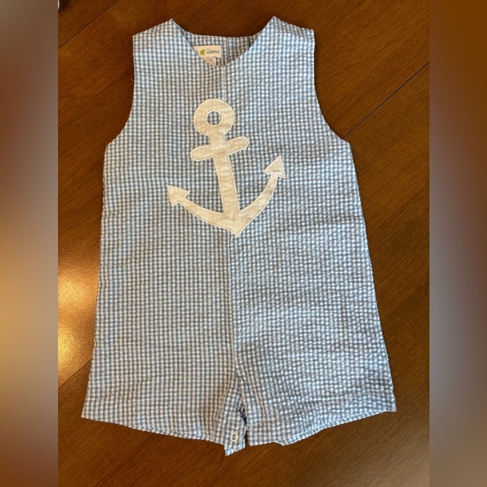 Blue and White Seersucker Anchor Shortalls